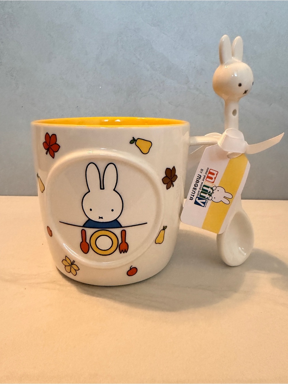 Miffy White Ceramic Double-sided Mug W/ Spoon & Yellow Int- NWT